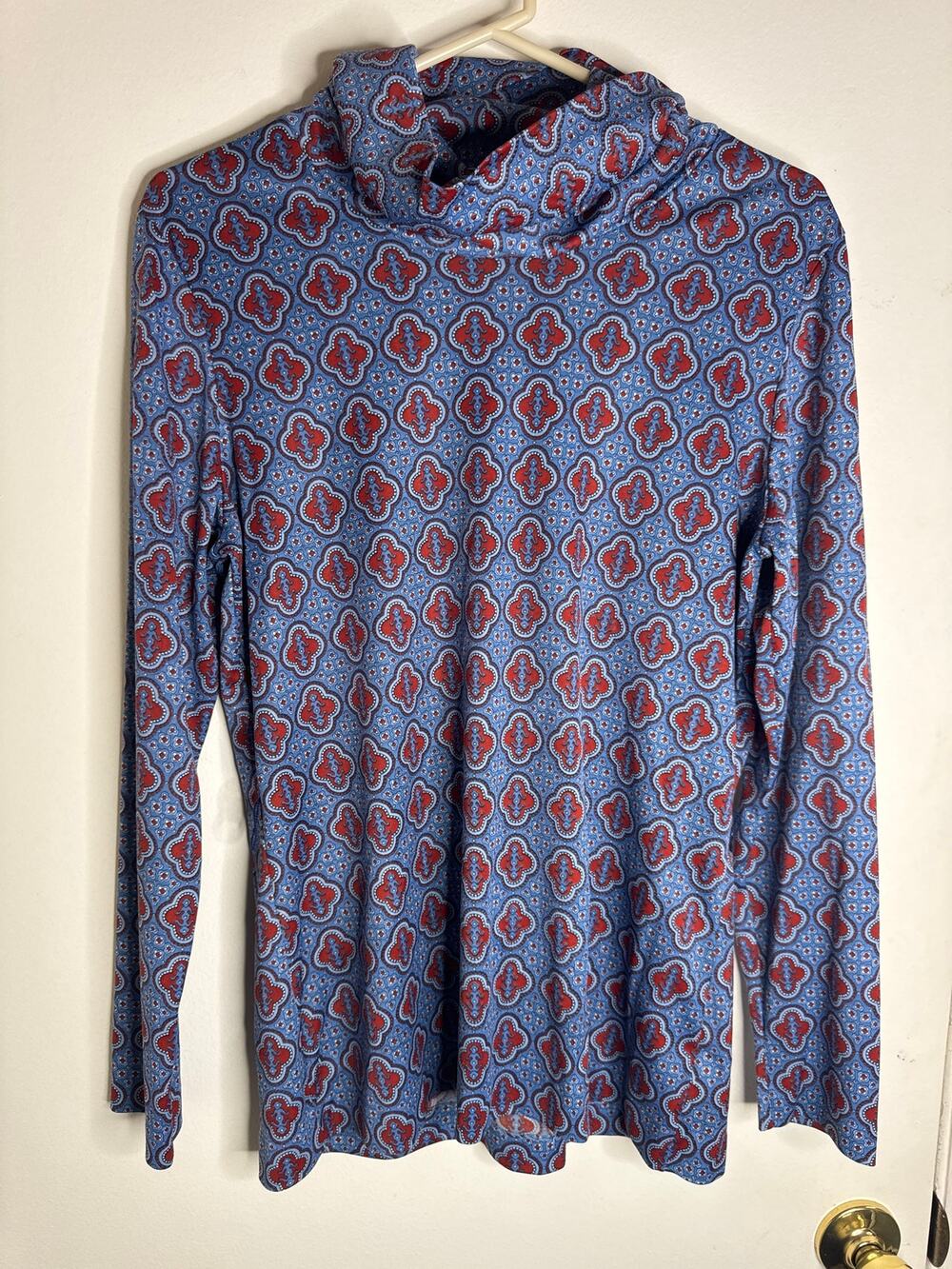 Vintage 70s Alex Colman Sportswear Geometric Cowl Neck Top Size 16 Mod Blue Red